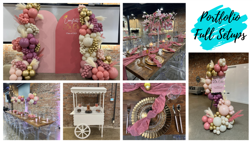 Blush Pink Bridal Shower Grad Party luxury balloon backdrop and tablesettings Vision Loft Downtown Indianapolis