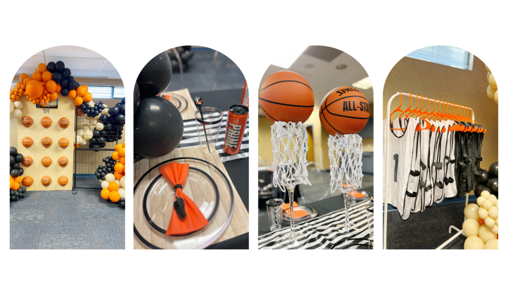 Balloon garland installation for basketball event in downtown Indianapolis custom party props